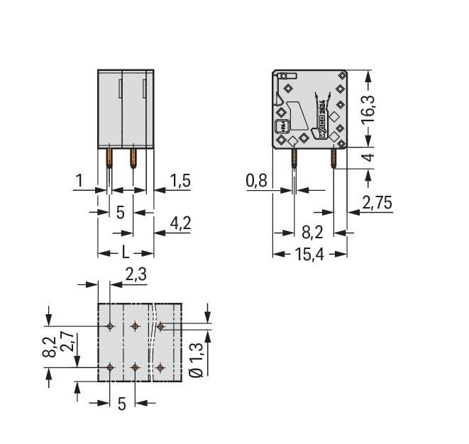 Eine technische Zeichnung einer elektrischen Komponente mit beschrifteten Abmessungen. Front-, Seiten- und Draufsicht zeigen Maße für die Installation.