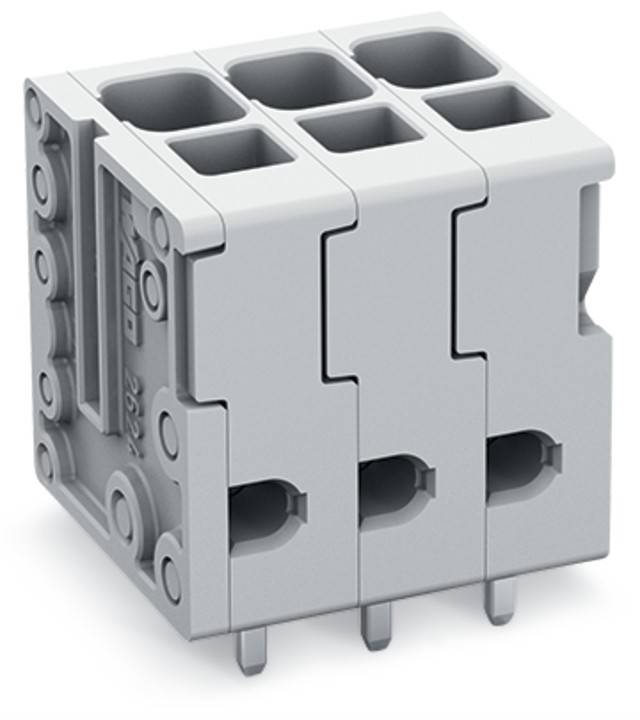 Eine Nahaufnahme eines grauen Drei-Pol-Elektro-Anschlussklemmenblocks mit schraubenlosen Anschlüssen, der für sichere und effiziente Drahtverbindungen konzipiert ist.