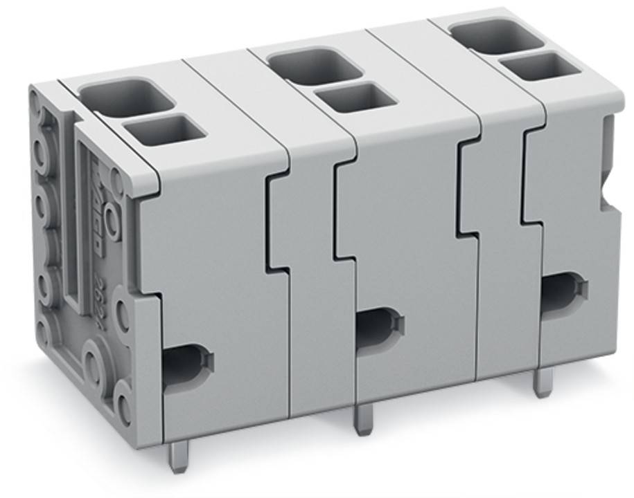 Grauer modularer Elektro-Anschlussblock mit sicherem Verriegelungsmechanismus und Kabeleinführungspunkten, konzipiert für einfache Montage und Verbindung.