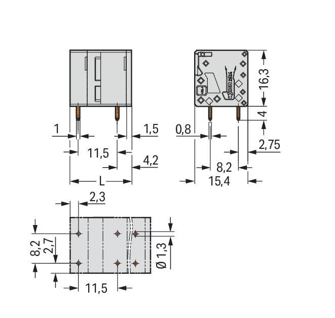 Diagramm einer elektronischen Komponente mit Maßangaben. Die Komponente hat Abmessungen: 11,5 mm Breite, 8,2 mm Höhe und verschiedene Tiefenmessungen.