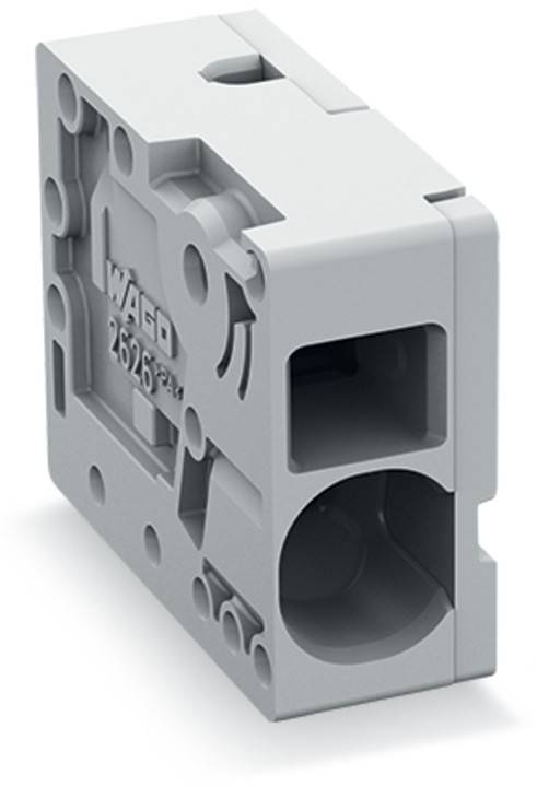 Eine Nahaufnahme eines grauen modularen Elektroanschlusses mit der Kennzeichnung 'WAGO 252-304', die Designdetails und Anschlusspunkte zeigt.