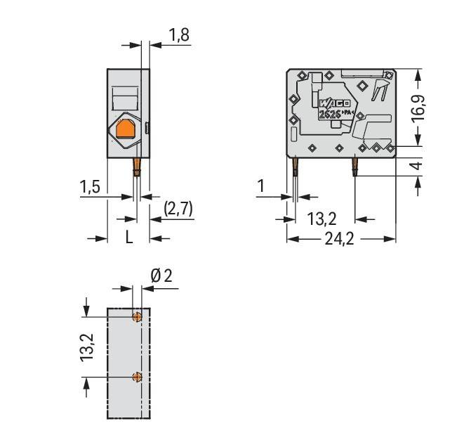 Diagramm einer elektronischen Komponente mit Abmessungen: Breite 16,9 mm, Höhe 13,2 mm. Wesentliche Merkmale umfassen Pin-Abstände, gekennzeichnet mit ‚WAGO 2065-740'.