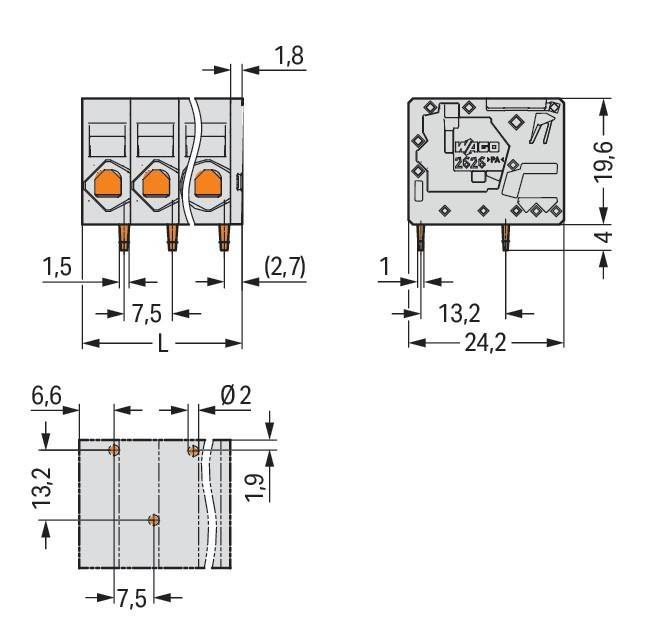 Diagramm eines elektrischen Anschlusses mit dargestellten Abmessungen. Vorder-, Seiten- und Draufsicht zeigen Maße für die Installation.