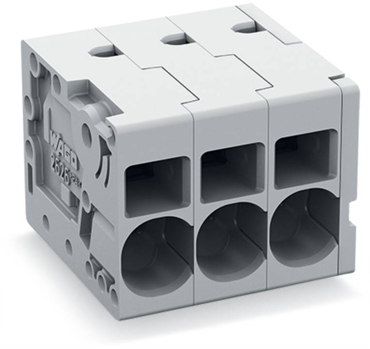 WAGO 221-413 grauer elektrischer Verbindungswürfel mit drei Anschlüssen für Drahtverbindungen, der einen Verriegelungsmechanismus und ein kompaktes Design präsentiert.