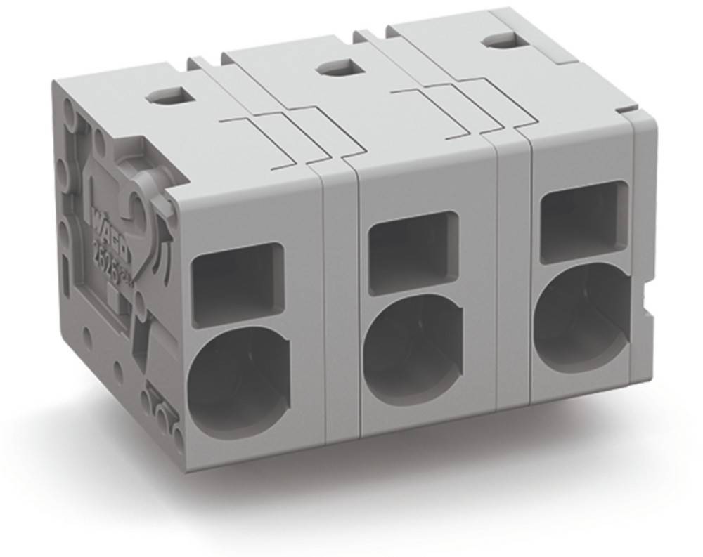 Eine Nahaufnahme eines grauen, dreipoligen elektrischen Anschlussklemmenblocks zum Anschließen von Drähten, die seine rechteckige Form und hohle Anschlüsse zeigt.