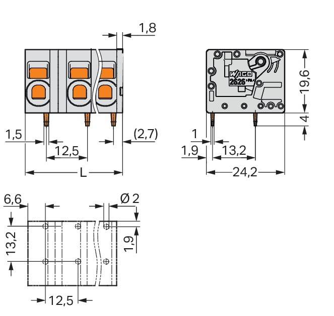 Technische Zeichnung eines elektrischen Anschlusses mit Abmessungen. Enthält Messungen wie 12,5 mm Breite, 19,6 mm Höhe und 24,2 mm Länge.