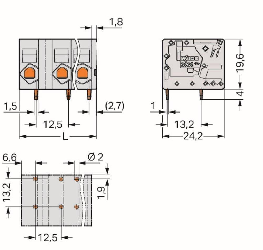 Wago Leiterplattenklemme;6 mm²;Rastermaß 12,5 mm;grau - 2626-1361 - 20 Stück