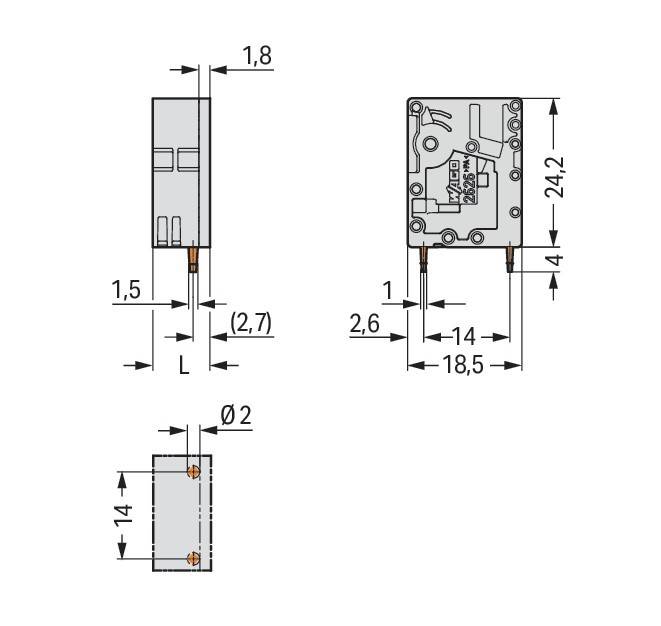 Technische Zeichnung einer elektronischen Komponente. Abmessungen umfassen eine Breite von 18,5 mm, eine Höhe von 24,2 mm und Anschlusspunkte für die Schaltungsintegration.