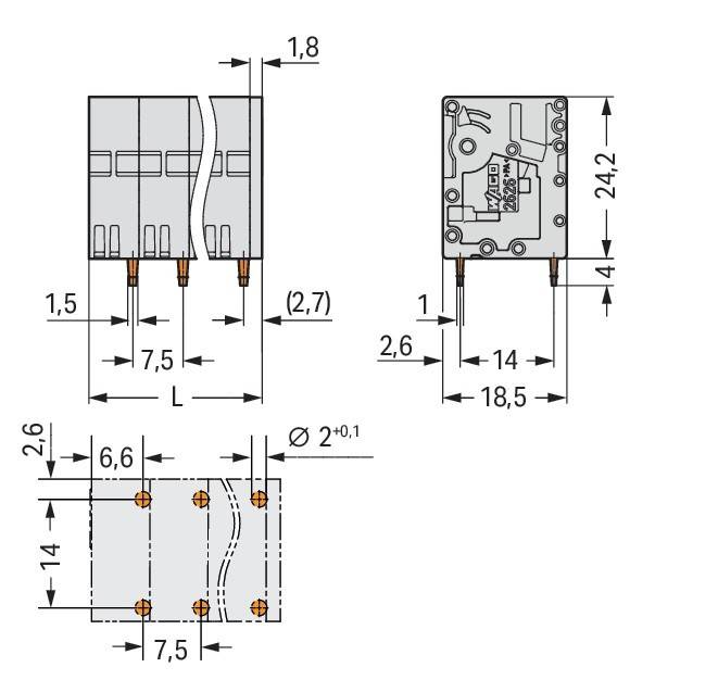 Technische Zeichnung einer elektronischen Komponente mit Messungen und Pin-Konfigurationen. Abmessungen sind in Millimetern beschriftet.