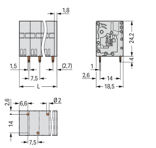 Technische Zeichnung einer elektronischen Komponente mit Abmessungen: Breite 7,5 mm, Höhe 18,5 mm, Tiefe 14 mm und Pinabstand 2,6 mm.