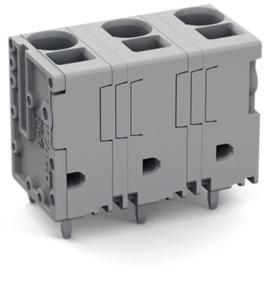 Ein grauer, modularer elektrischer Anschlussblock mit drei Abschnitten, die jeweils runde Eingangslöcher oben und entsprechende Ausgangsanschlüsse an der Seite aufweisen.