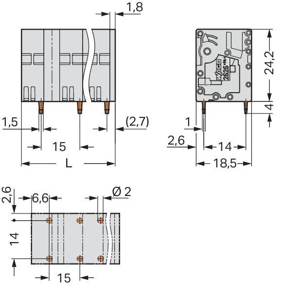 Technische Zeichnung einer elektrischen Komponente mit verschiedenen beschrifteten Abmessungen, einschließlich 24,2 mm Höhe und 15 mm Breite.