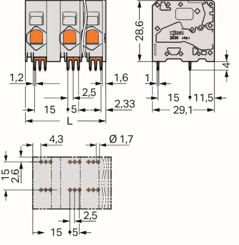 Wago Leiterplattenklemme;16 mm²;Rastermaß 15 mm;grau - 2636-1358 - 18 Stück