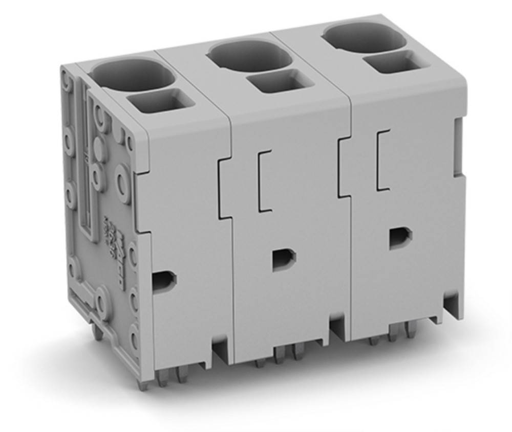Eine Nahaufnahme eines grauen, dreiteiligen elektrischen Terminalblocks mit Anschlussschlitzen oben, der zum Befestigen und Organisieren von Leitungen entwickelt wurde.