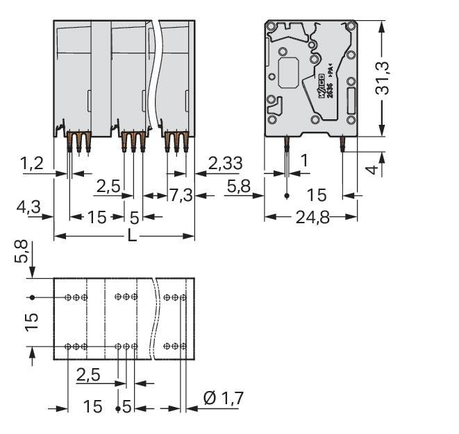 Technische Zeichnung eines Relais mit Dimensionen: Länge 31,3 mm, Breite 15,5 mm und Höhe 11,2 mm. Enthält Anschlusskonfiguration.