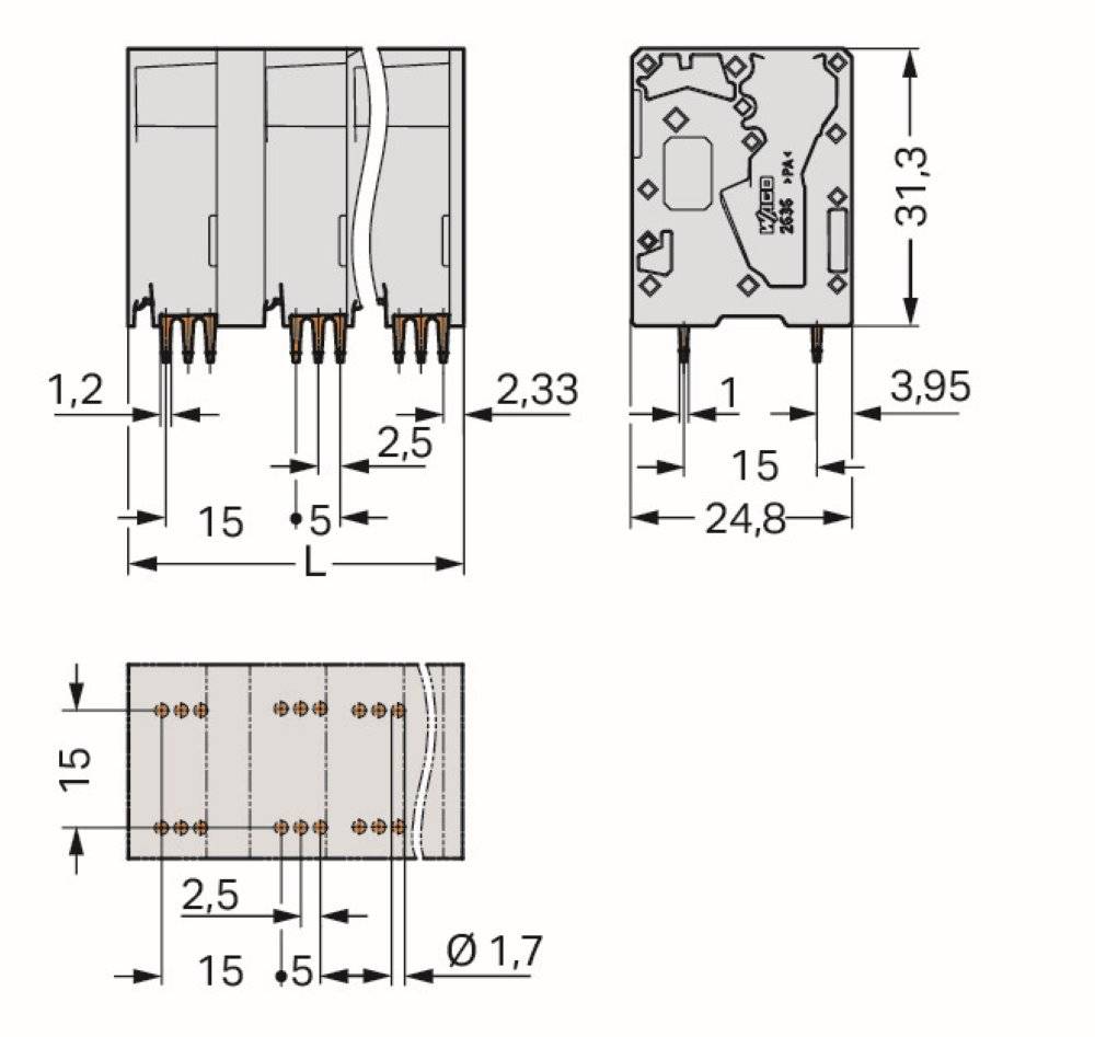 Wago Leiterplattenklemme;16 mm²;Rastermaß 15 mm;grau - 2636-3355 - 22 Stück