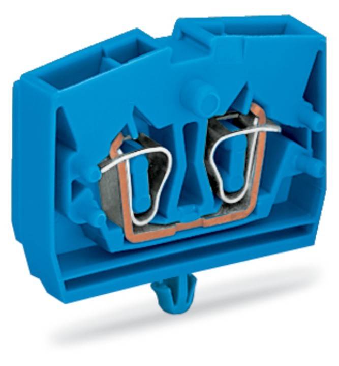 Eine blaue 3D-gedruckte Komponente mit zwei metallischen Spulen und einer zentralen Kavität, höchstwahrscheinlich Teil eines elektrischen oder mechanischen Systems.