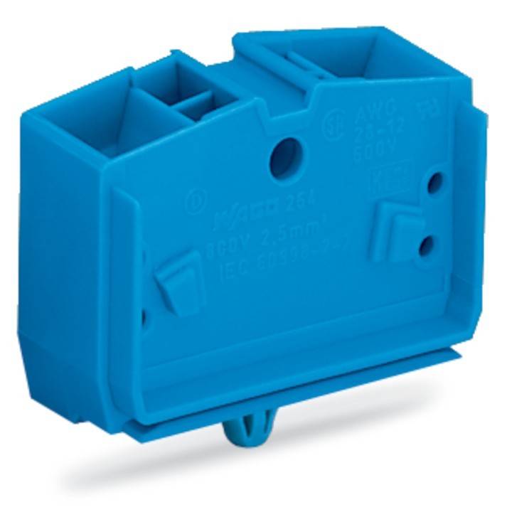 Eine blaue elektrische Verteilerdose mit mehreren Eintrittspunkten, die zur Unterbringung und zum Schutz von elektrischen Leitungsverbindungen in elektrischen Installationen verwendet wird.