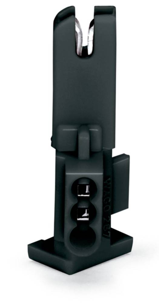 Eine schwarze Kunststoffklammer mit einer zylindrischen Basis und zwei sichtbaren Schraublöchern, die für Befestigungs- oder Anschlusszwecke konzipiert ist.