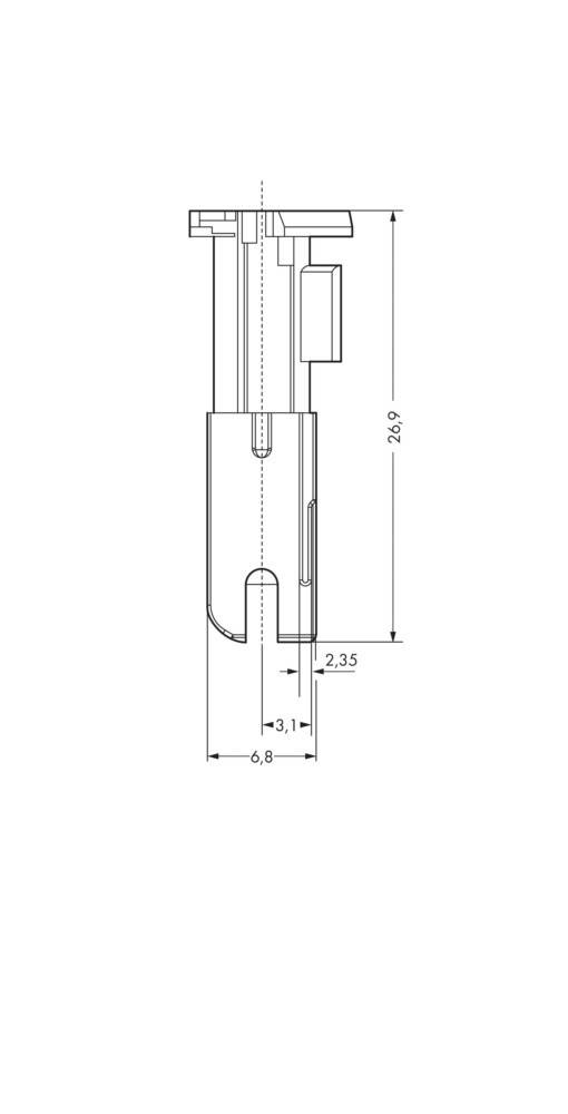 Technische Zeichnung eines zylindrischen Objekts mit vertikaler Komponente. Schlüsseldimensionen: Höhe 26,9 Einheiten, Breite 6,8 Einheiten sowie kleinere Abschnitte von 2,35 und 3,1 Einheiten.