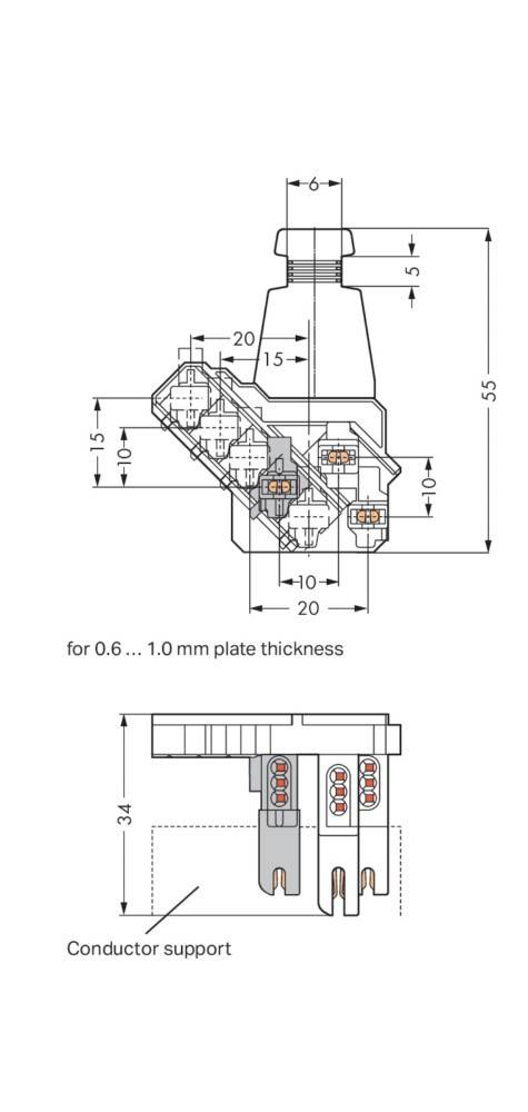 Schematische Darstellung eines mechanischen Tastaturschalters mit Abmessungen und Konstruktionsaspekten für Plattendicken von 0,6 - 1,0 mm.