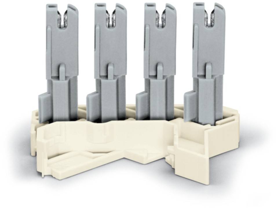 Ein beige-grauer Terminalblock mit vier vertikalen Steckplätzen für elektrische Verbindungen, konzipiert zum Organisieren und Sichern von Kabeln.