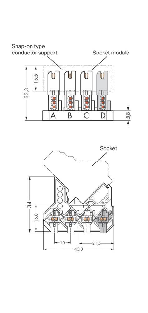 Diagramm eines Vier-Terminal-Sockels mit gekennzeichneten Abschnitten A, B, C und D. Enthält Maßangaben: 33,3 mm Höhe, 5,8 mm Breite.