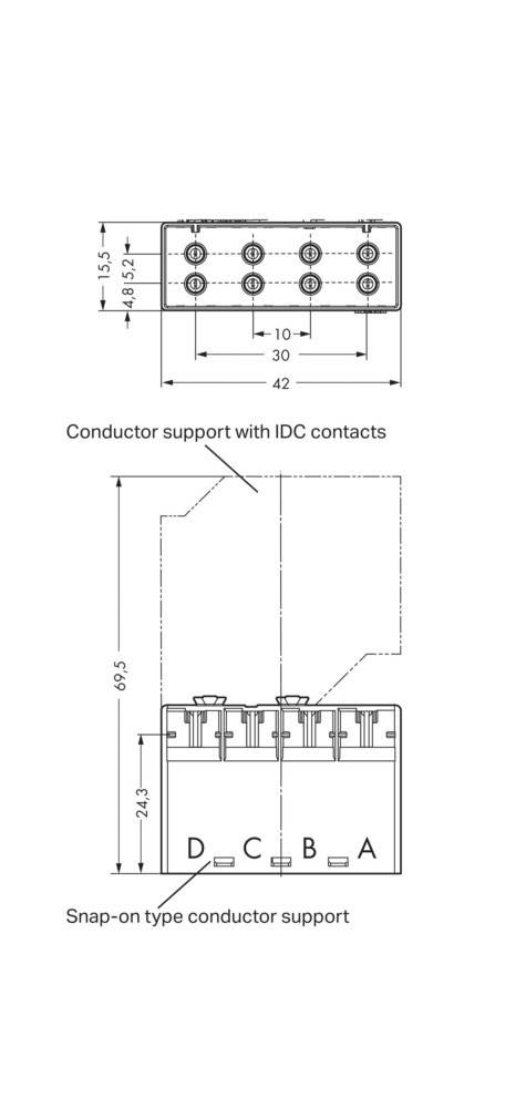 Leiterhalterung mit IDC-Kontakten. Zeigt Abmessungen der Vorder- und Seitenansicht: 42 mm Breite, 69,5 mm Höhe. Draufsicht der Schlitze und Markierungen.