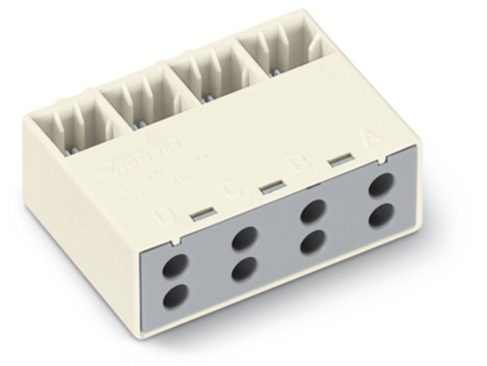 Ein weißer Elektro-Anschlussblock mit sechs Buchsen, beschriftet mit A, B, C, D, der zum Anschließen von Drähten in elektrischen Installationen verwendet wird.