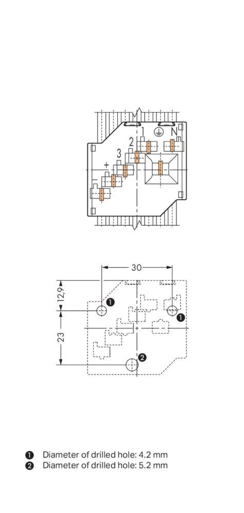 Elektrisches Schaltplandiagramm, das eine Anschlussanordnung zeigt. Mit numerischen Bezeichnungen von 1 bis 3 und spezifischen Messungen in Millimetern.