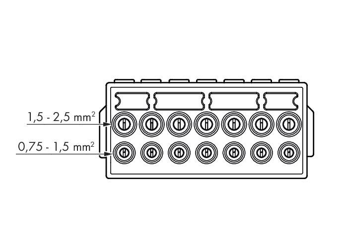 Diagramm eines Klemmenblocks mit mehreren Anschlusspunkten, das Messungen von 2,5 mm² und 1,5 mm² an der Seite zeigt.
