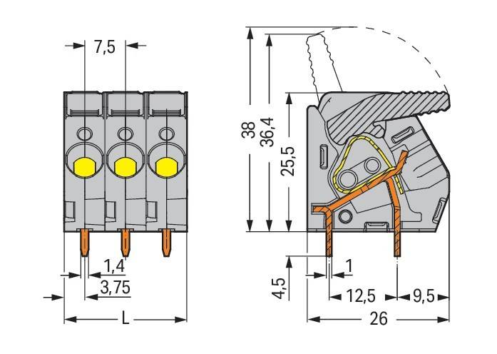 Diagramm eines elektrischen Verbinders mit beschrifteten Maßen: Höhe 38 mm, Länge 26 mm. Merkmale umfassen mehrere Anschlusspunkte.