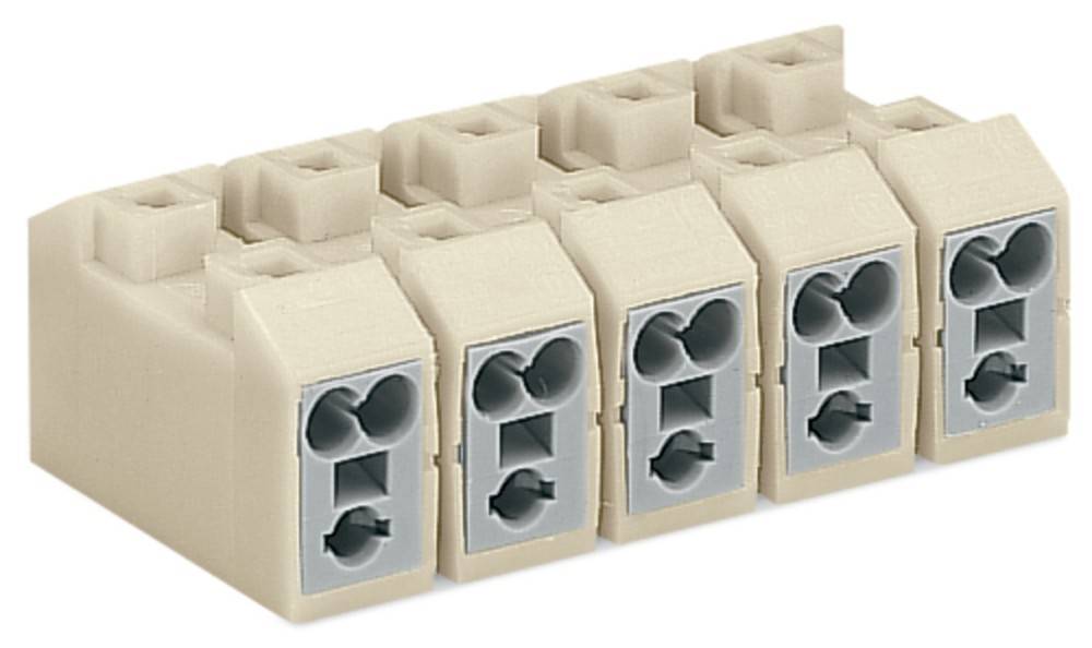 Eine Reihe von fünf beigen Durchgangsklemmblöcken mit doppelten kreisförmigen Öffnungen für Drahtverbindungen.