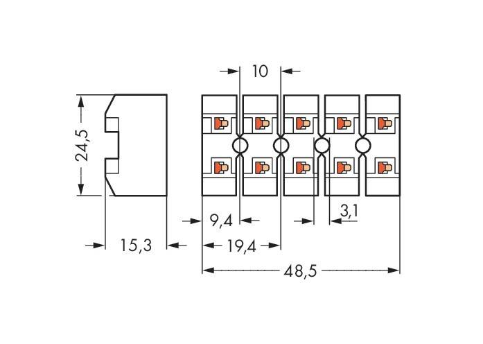 Technische Zeichnung eines elektrischen Anschlussblocks. Abmessungen: Höhe 24,5 mm, Breite 48,5 mm, Tiefe 15,3 mm. Zeigt die Größen der einzelnen Teile.
