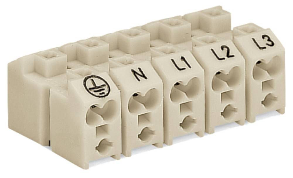 Ein beiger elektrischer Anschlussklemmenblock mit beschrifteten Abschnitten: Erdungssymbol, ‚N', ‚L1' und ‚L2' zur Organisation von Verdrahtungsverbindungen.
