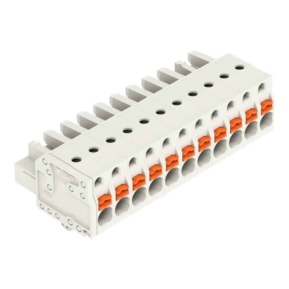 Ein weißer elektrischer Reihenklemmenblock mit mehreren Anschlusspunkten, ausgestattet mit orangefarbenen Hebeln für sichere Kabelverbindungen.