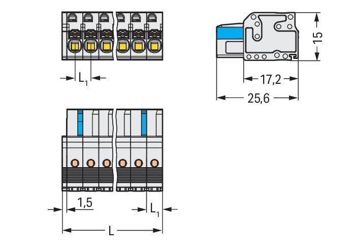 Technische Zeichnung eines Anschlussklemmenblocks mit Maßangaben: Breite 17,2 mm, Länge 25,6 mm, Klemmenabstand 1,5 mm.