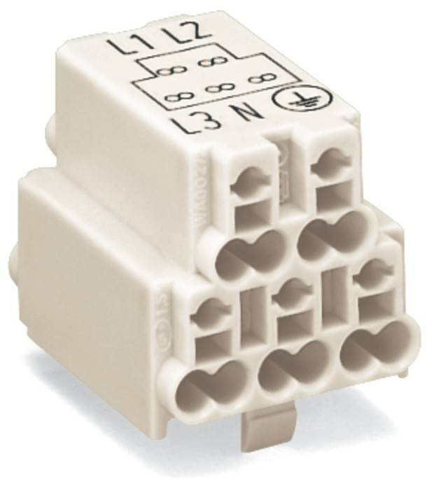 Ein weißer elektrischer Anschlussblock mit mehreren Eingangsbuchsen, beschriftet mit 'L1', 'L2', 'L3' und 'N', konstruiert für einfache Drahtverbindungen.