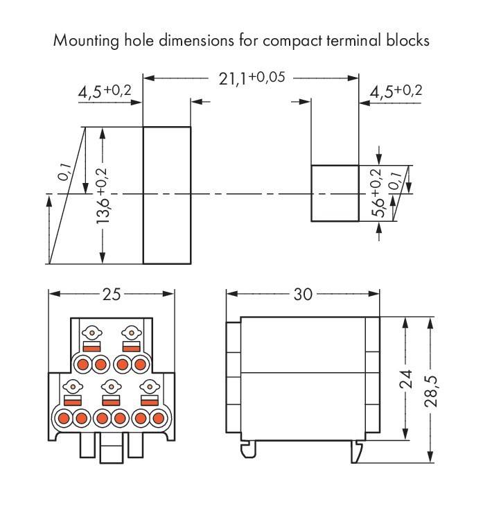 Diagramm der Befestigungslochmaße für kompakte Durchgangsklemmblöcke, mit Maßangaben 21,1 mm, 13 mm, 25 mm, 30 mm und 28,5 mm.