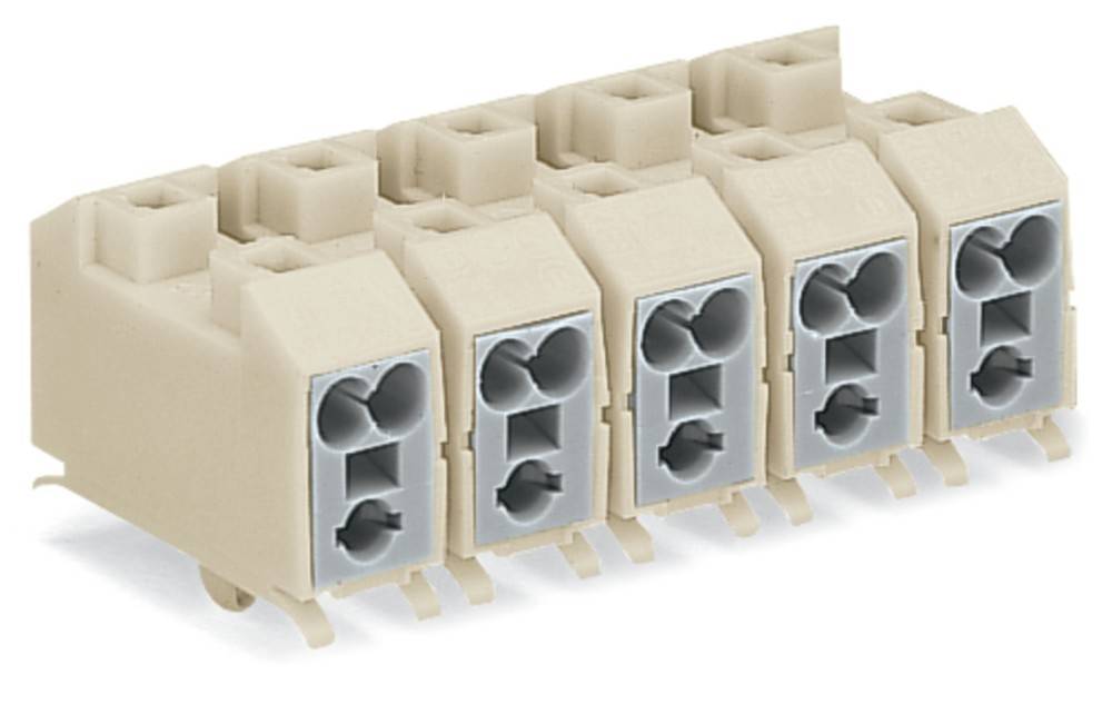Eine Reihe von beigen elektrischen Kabelverbindern mit jeweils zwei Löchern, die zum sicheren Verbinden von Drähten bei elektrischen Installationen verwendet werden.