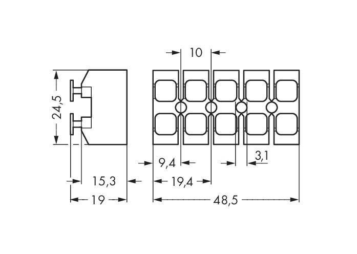 Technische Zeichnung zur Anschlussabmessung: 24,5 mm Höhe, 19 mm Breite, 19,4 mm Teilung, 10 mm Anschlussbreite und 3,1 mm Abstand.