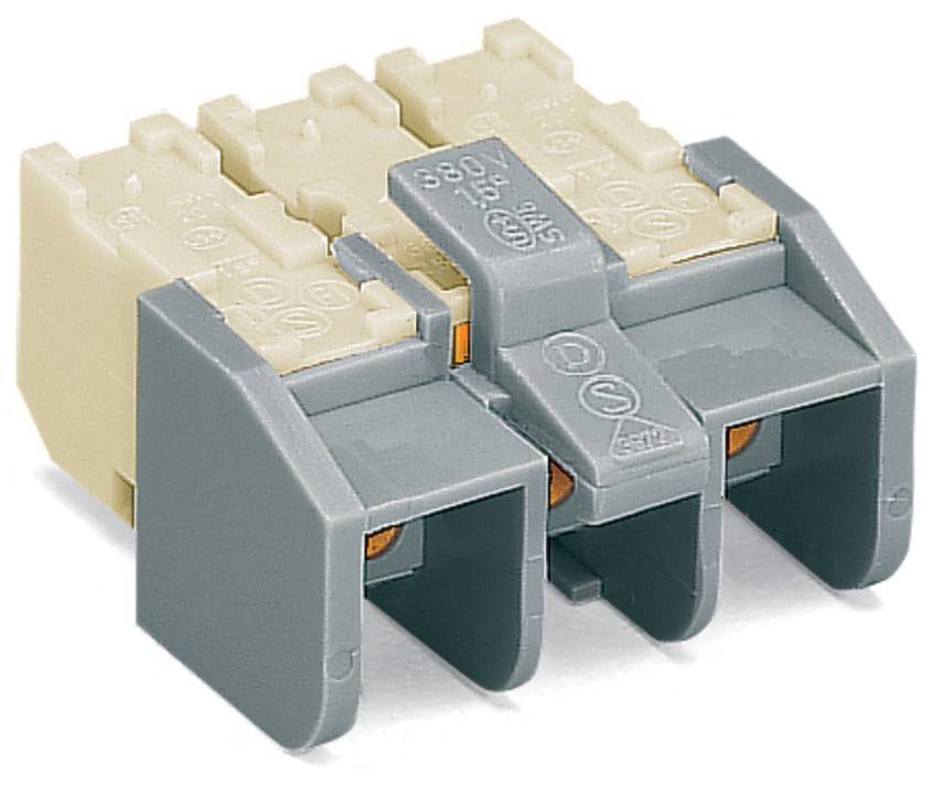 Eine Nahaufnahme eines beigen und grauen elektrischen Anschlussklemmenblocks mit Anschlusspunkten und beschrifteten Klemmen für Verdrahtungsanwendungen.