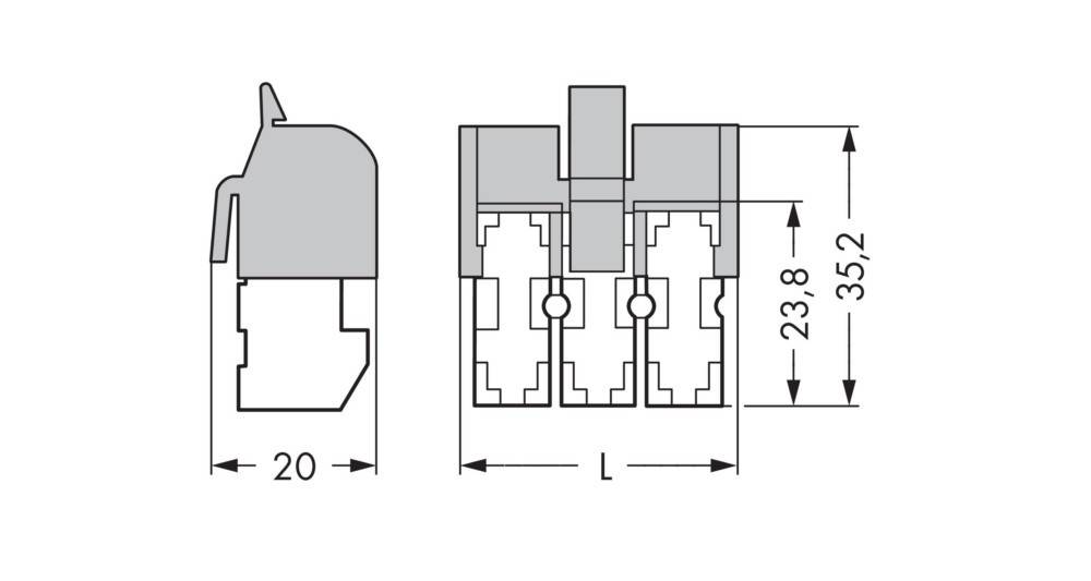 Technische Zeichnung mit Seiten- und Frontansicht einer elektrischen Komponente, bei der die Abmessungen mit 20 und 23,8 gekennzeichnet sind.