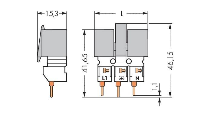 Technische Zeichnung zur Darstellung der Abmessungen und Konfiguration eines elektrischen Anschlussklemmenblocks. Die Zeichnung enthält Beschriftungen für 'L1', 'L2' und 'N'.
