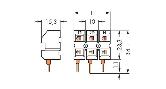 Diagramm einer elektrischen Komponente mit Abmessungen: Breite 15,3 mm, Höhe 23,3 mm. Beschriftungen L1, T, N an den Anschlüssen, Seiten- und Frontansicht.