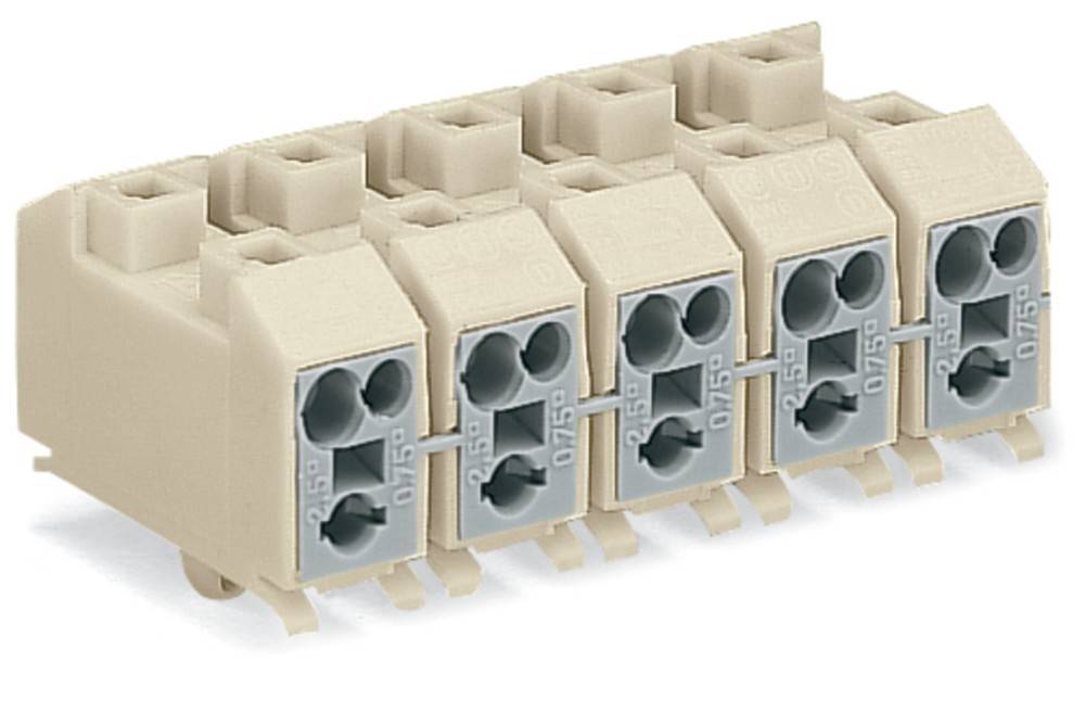 Eine Nahaufnahme eines beigen Elektro-Anschlussblocks mit mehreren Anschlusspunkten, gekennzeichnet mit Messungen wie '0,75'.