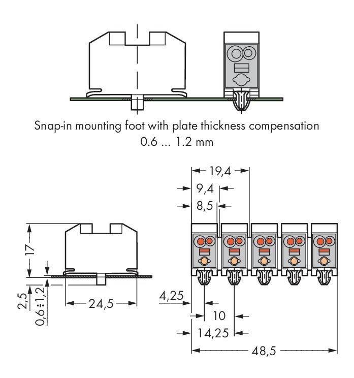 Diagramm einer Schnappbefestigungsfuß mit Abmessungen: 0,6 bis 1,2 mm Plattendicke, 24,5 mm breit und 17 mm hoch. Drei Anschlüsse dargestellt.