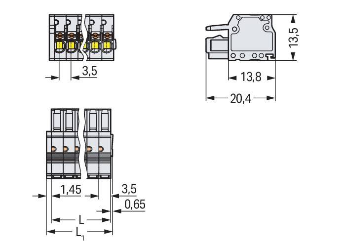 Technische Zeichnung eines elektrischen Anschlussklemmenblocks mit Abmessungen: 13,5 mm Höhe, 3,5 mm Drahtfreiraum und 20,4 mm Tiefe.