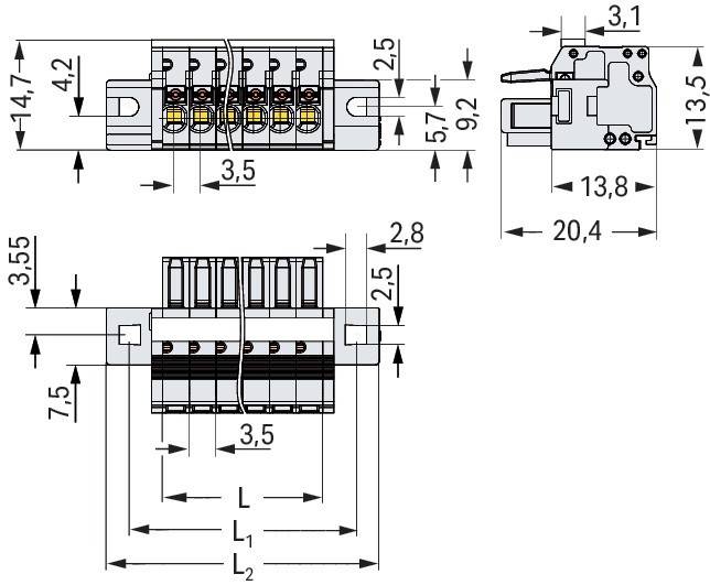 Technische Zeichnung eines Anschlusses mit Abmessungen. Draufsicht: Breite 20,4 mm, Höhe 9,2 mm. Seitenansicht: Höhe 13,8 mm. Alle Maße in mm.