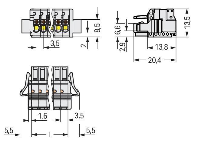 Technische Zeichnung eines elektrischen Klemmenblockes, mit Dimensionen: Breite 8,5 mm, Höhe 20,4 mm, Tiefe 13,8 mm. Enthält Anschlusspunkte.